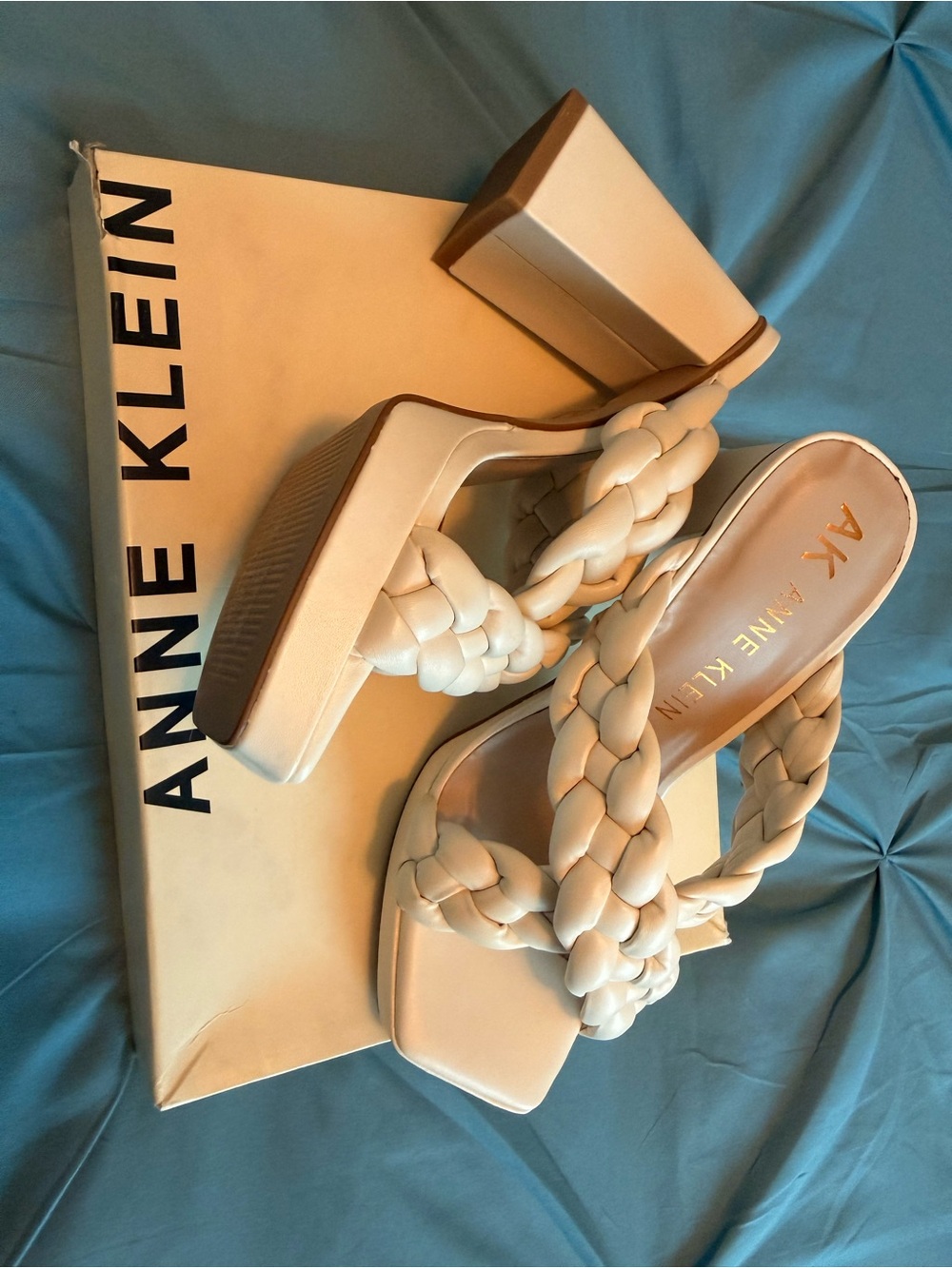 Anne Klein Cream Braided Block Heel Sandals
